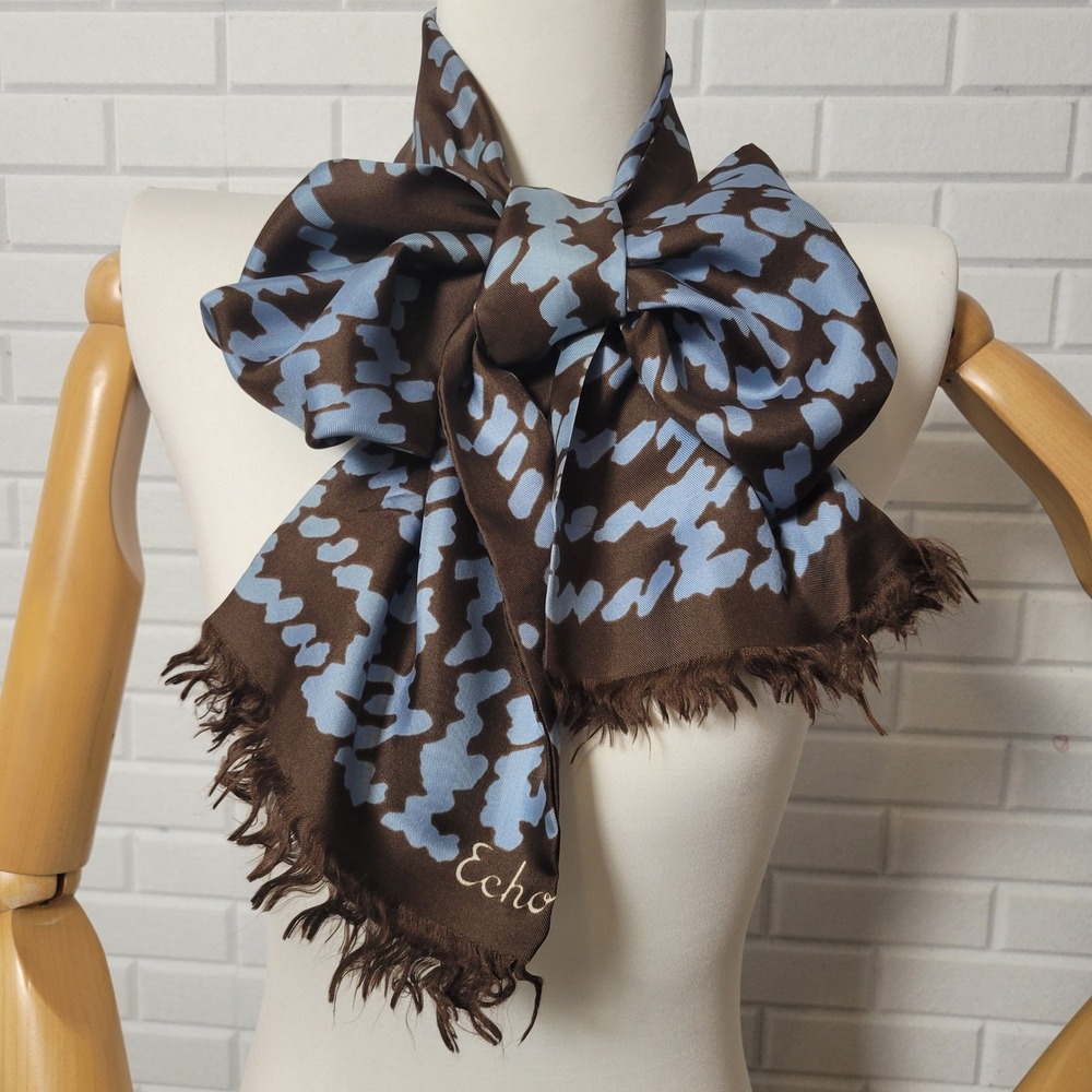 Vintage 1970s Echo Silk Scarf Abstract Houndstooth Plaid Long Mod Quiet Luxury - Picture 9 of 9
